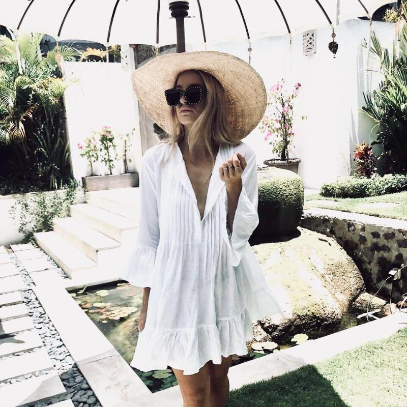 

New Cover-ups Summer Women Beach Wear White Cotton Tunic Dress Bikini Bath Sarong Wrap Skirt Swimsuit Cover Up