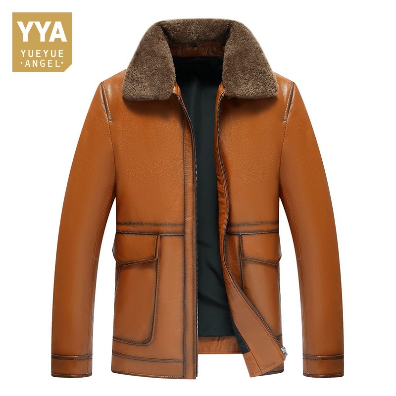 

High Quality Brand Man Clothes 2019 New Winter Genuine Leather Jacket Business Slim Fit Man Outwear Pocket Zipper Male Coats, Yellow