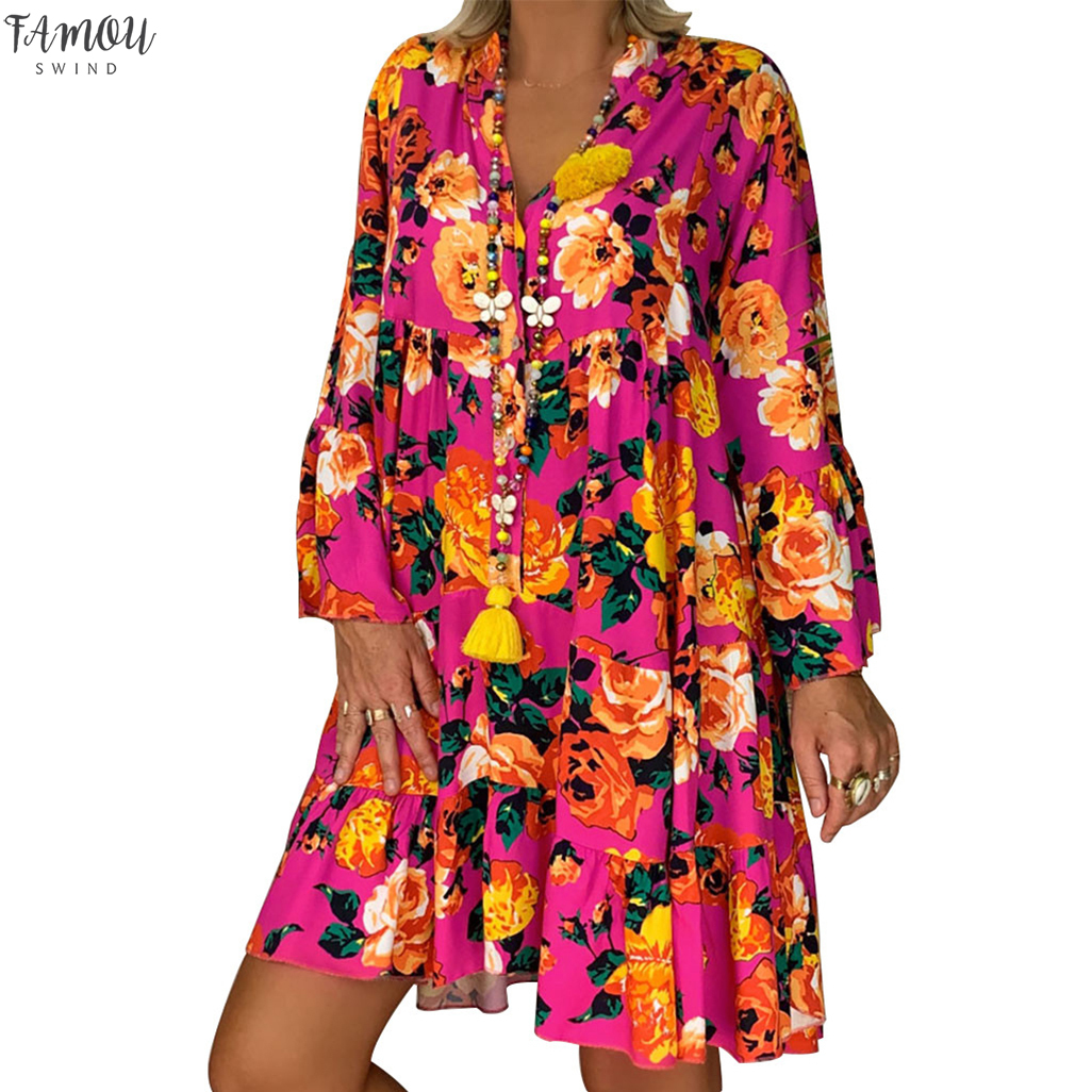 

Women Dresses Fashion Ladies Loose Print Three Quarter Sleeve Summer Dress Floor-Length Beach 716, Gy
