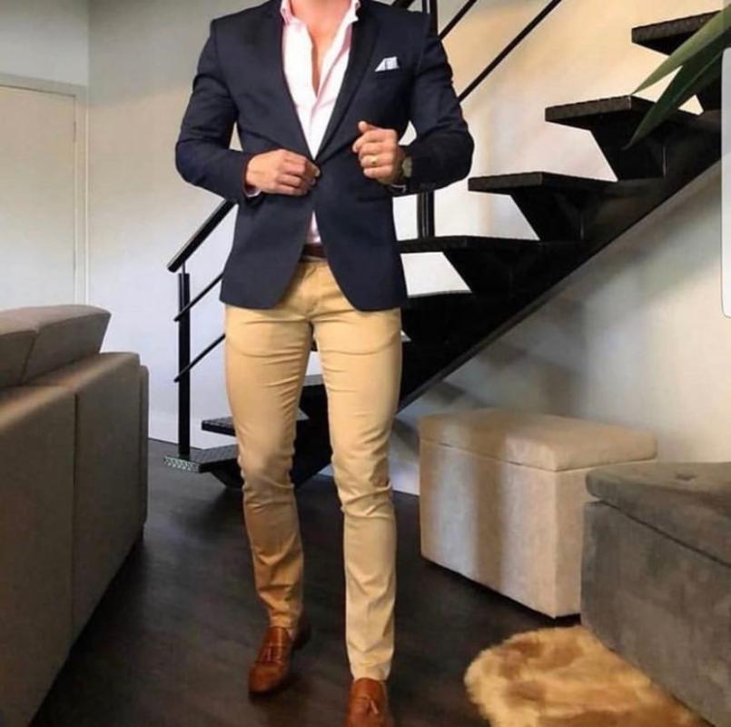 

2020 New Navy Blue Men Suits With Champagne Pants Slim Fit Groom Tuxedos Male Suits for Wedding Two Pieces, Black