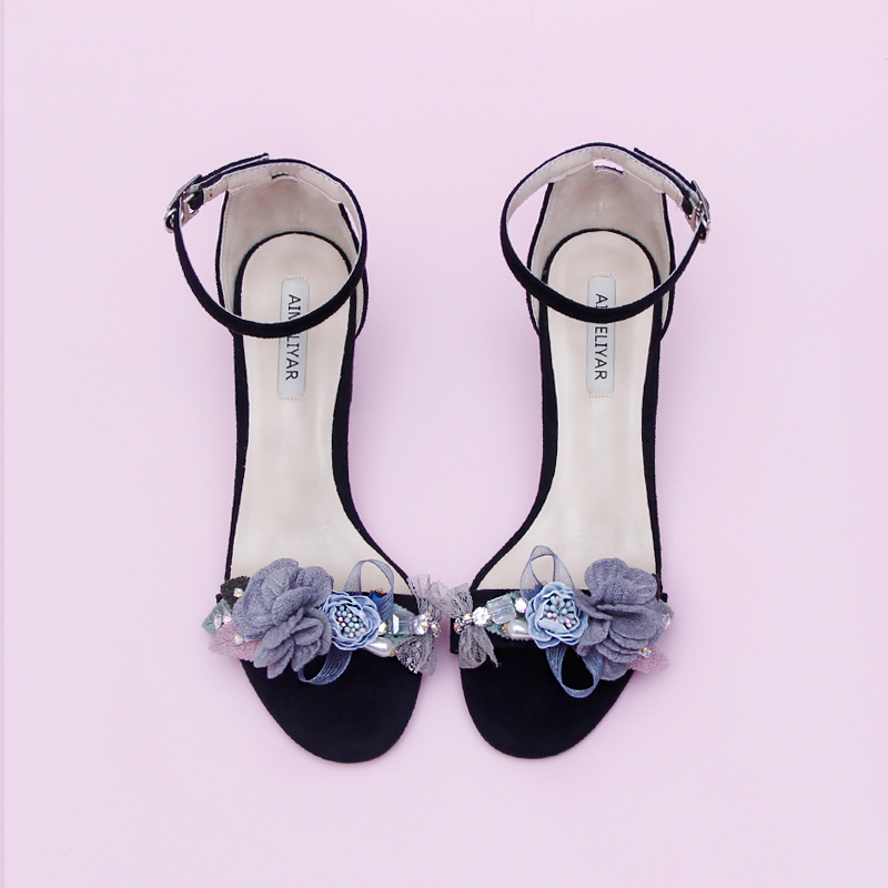 

Black Suede Chunky-Heel Commuter A- line with MORI Series Unisex Flower Fairy WOMEN'S Sandals Size Code Students, 4.5cm