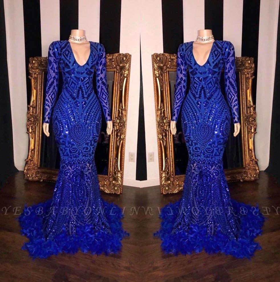 

Royal Blue Lace Feather Mermaid Prom Dresses 2020 Black Girls V Neck Long Sleeves Sweep Train Formal Evening Party Gowns Real Image BC3607, Same as picture