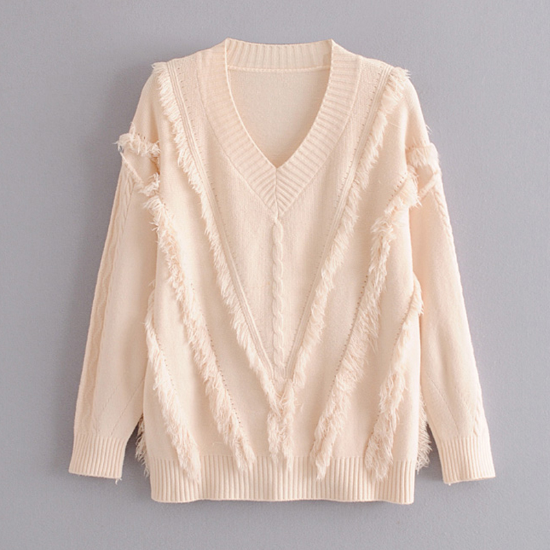 

2019 Winter Autumn Women's Sweater Female Long Sleeve With V-Neck Loose Casual Distressed Knitted Pullover, As picture