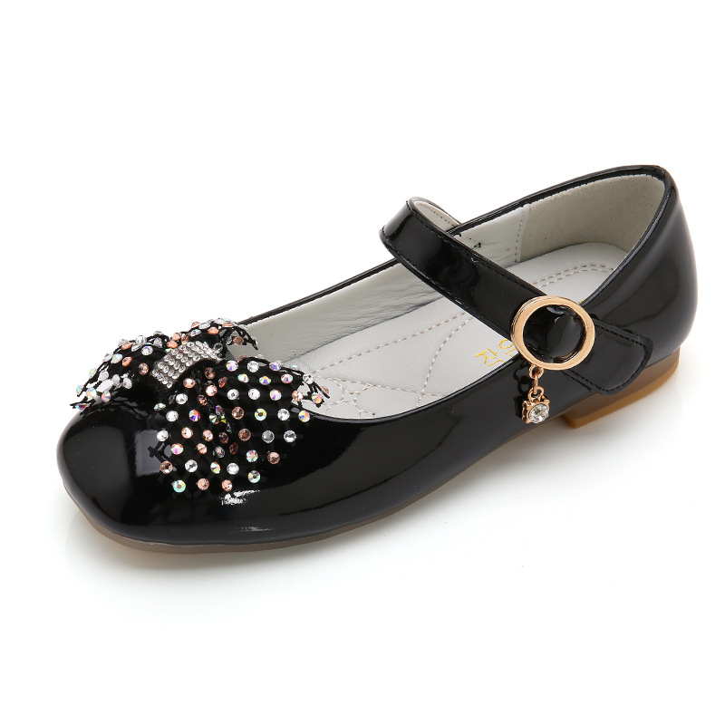 

Fashion Crystal Bow Kids Wedding Shoes Flat Shoes For Girls Dress School Shoe Princess Leather 4 5 6 7 8 9 10 11 12 Years, Black