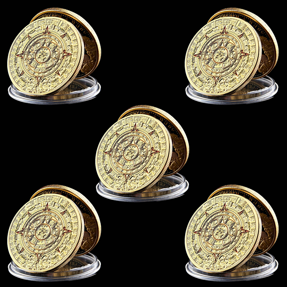 5pcs Commemorative Coin Craft Mexican Ancient Maya Aztec Calendar Prediction Culture Challenge Token Badge-image-521996911