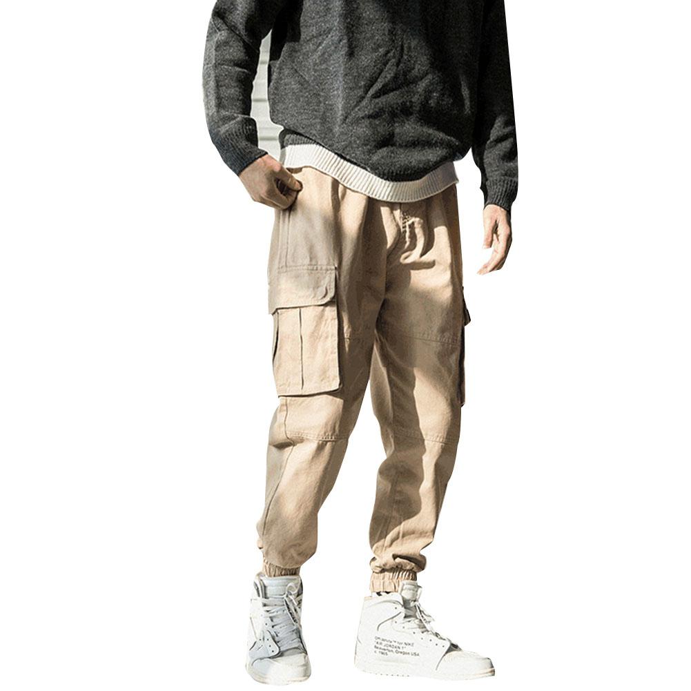 

MISSKY Men Long Pants Hip-hop Multi-Pockets Cargo Pants Silid Color Pencil Sports Casual Loose Trousers For Male, Black