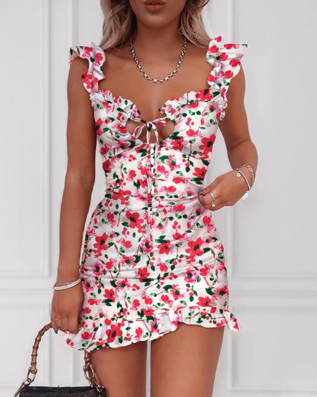 

2020 Summer Floral Print Tied Detail Ruffles Mini Dress Women Sleeveless Casual Vacation Beach Short Dresses, Beige