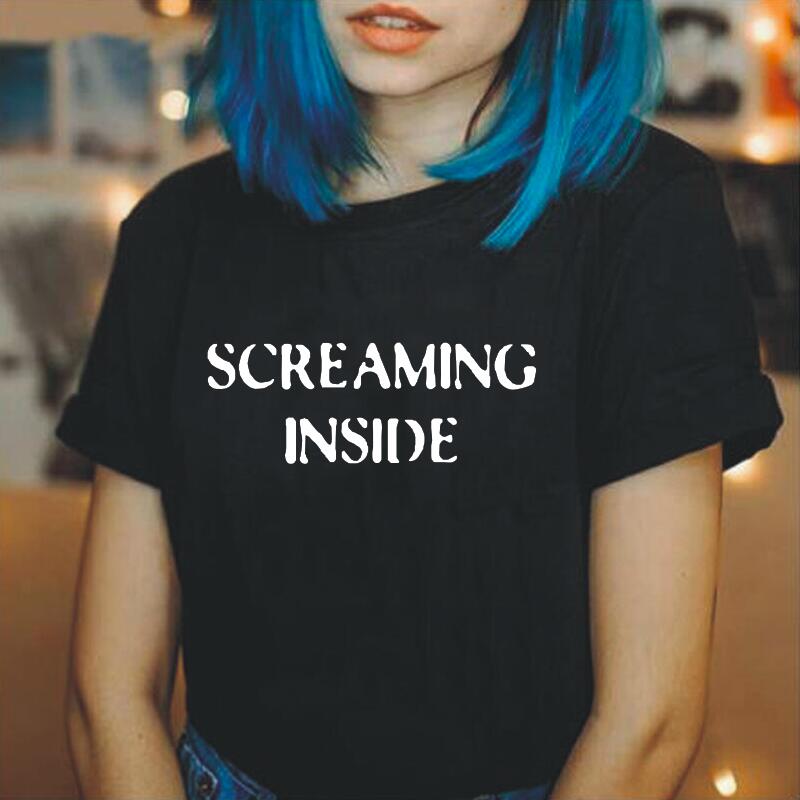 

Screaming Inside Hipster Letter Print T Shirt Women Tops Short Sleeve Casual Shirt Tee Femme Fashion Funny Women Tshirt, Black