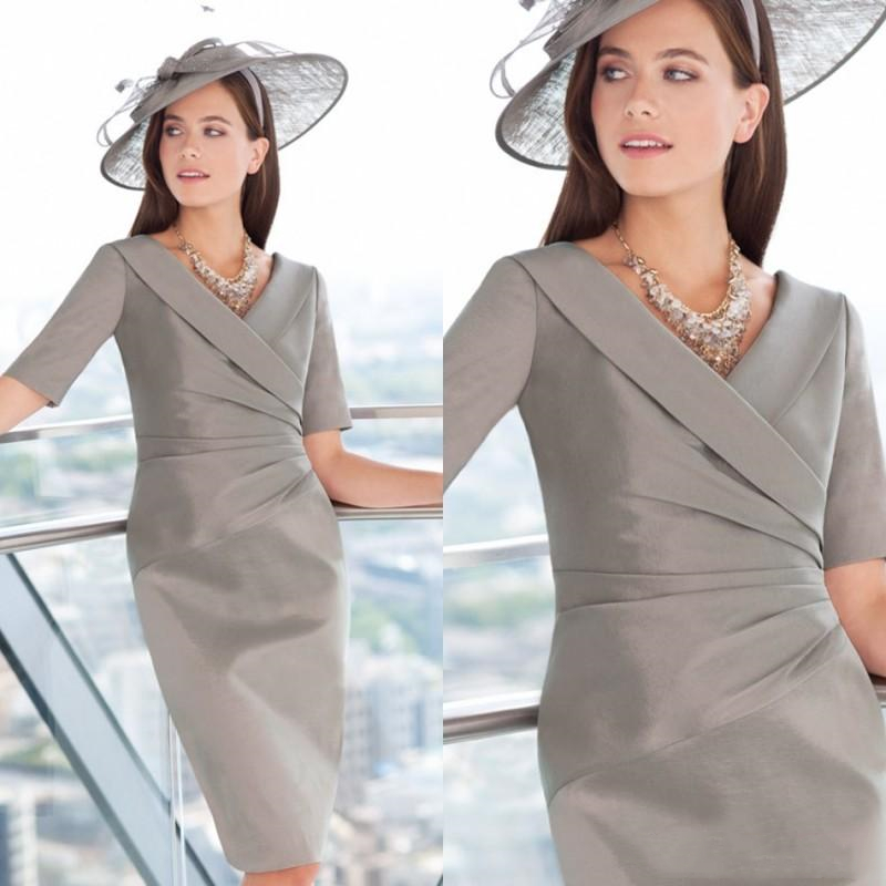 

Knee Length Short Grey Mother of the Bride Dress with Sleeves Half V Neck Pleated Taffete Column Wedding Party Guest Formal Gowns