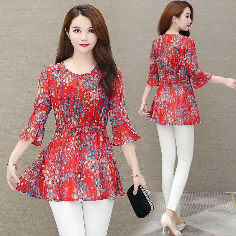 

5XL Plus Size Womens Tops And Blouses 2020 Elegant Floral Print Women's Shirt Half Sleeve Female Chiffon Lady Shirt, Blue