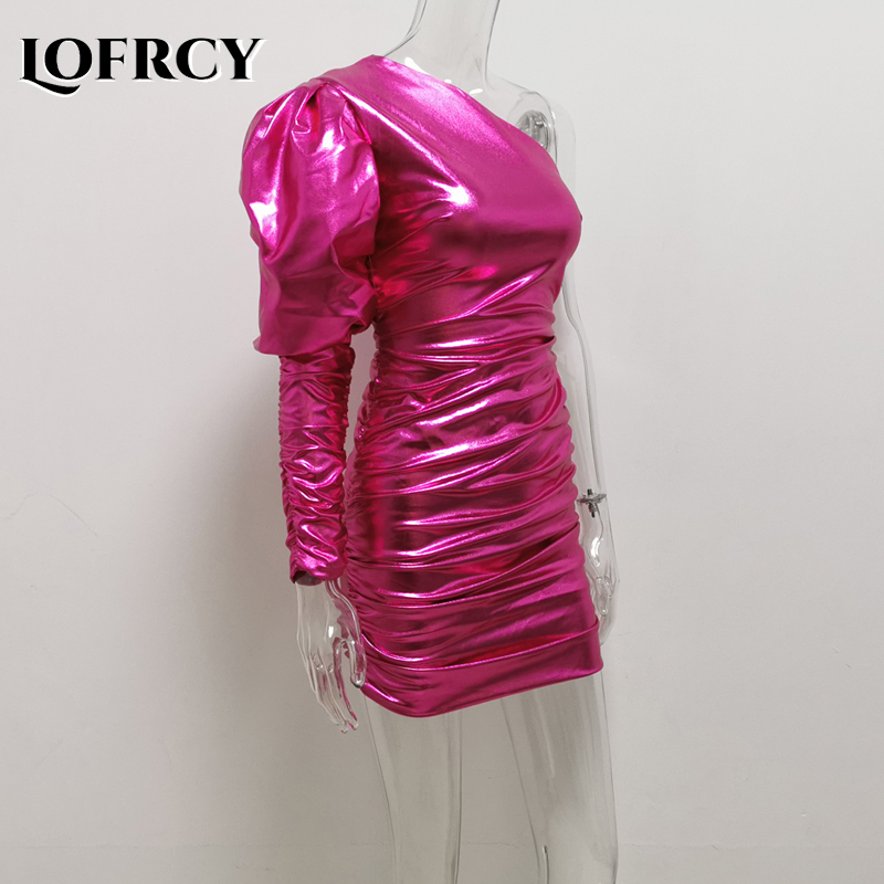 

Lofrcy Asymmetric One Shoulder Liquid Metallic Glitter Pink Mini Dress Womens Long Puff Sleeve Sexy Bodycon Party Ruched Dress, Purple