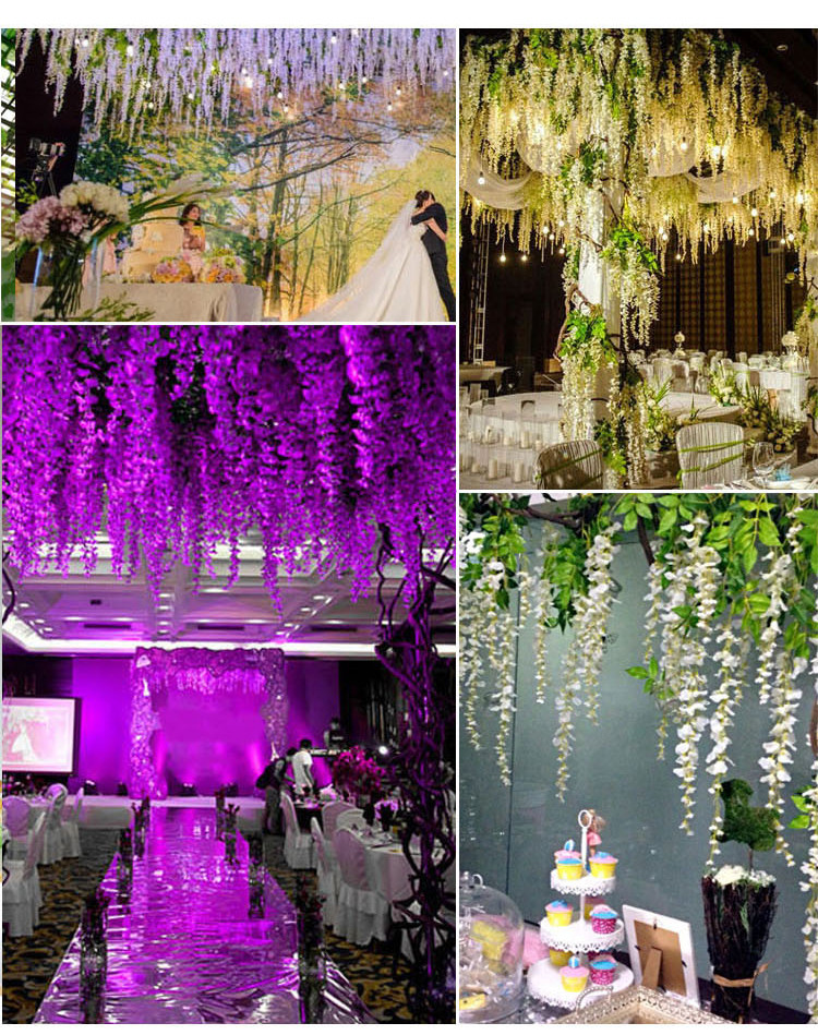 

110cm long white Elegant Artificial Silk Flower Wisteria Flower Vine Rattan For Garden Home Wedding Decoration Supplies A09, Customize