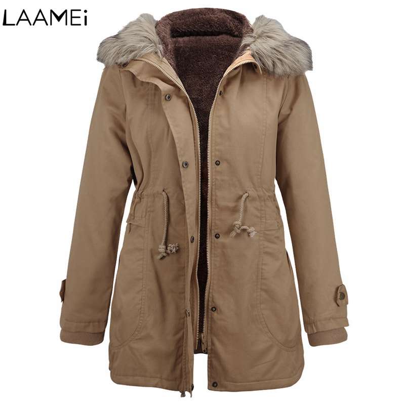 

Laamei 2018 Casual Jacket Long Faux Fur Hoddy Female Thick Warm Coat Drawstring Outwear Parka New Hooded Winter Women Parka, Black