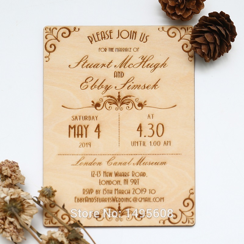 

Wood Wedding Invitation - Art Deco Scroll Design Wedding Invitation - Real Wooden Invite
