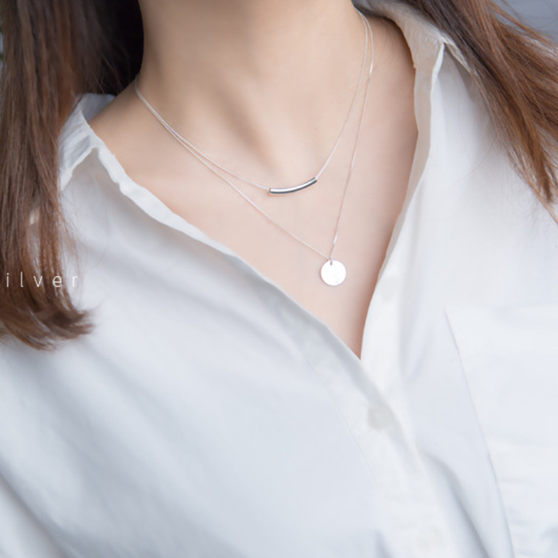 

Elbow Pendant Necklace 925 Sterling Silver Round Coin Necklace Korean Double Layer Chain Choker Women Fashion Jewelry