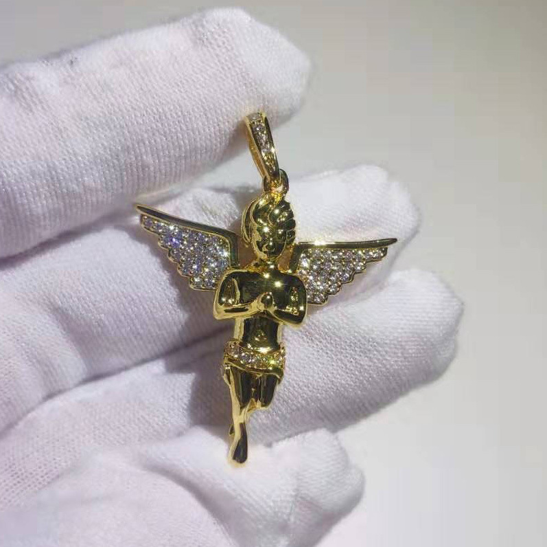 

Wholesale- CZ Stone Paved Bling Ice Out Little Angel Pendants Necklace for Men Rapper Jewelry with 24inches Rope Chain