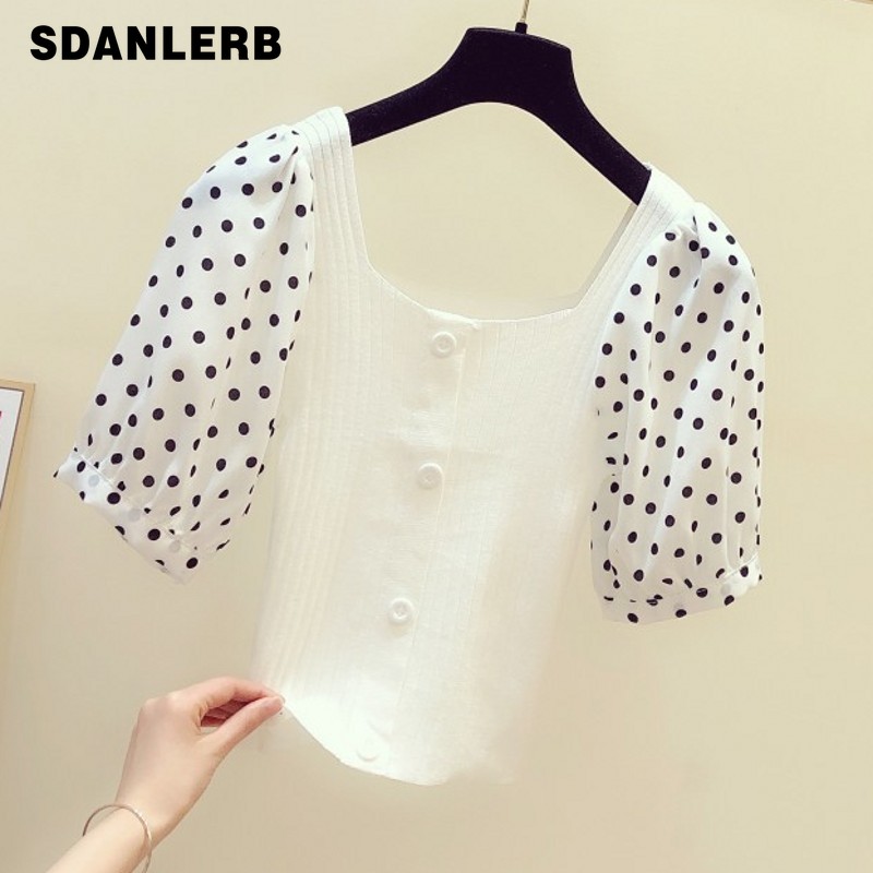 

2020 Summer Cropped Top Woman New Korean Style Splicing Polka Dot Puffed Sleeves Pullover Knit Top Female Shirt Slim Fit, White