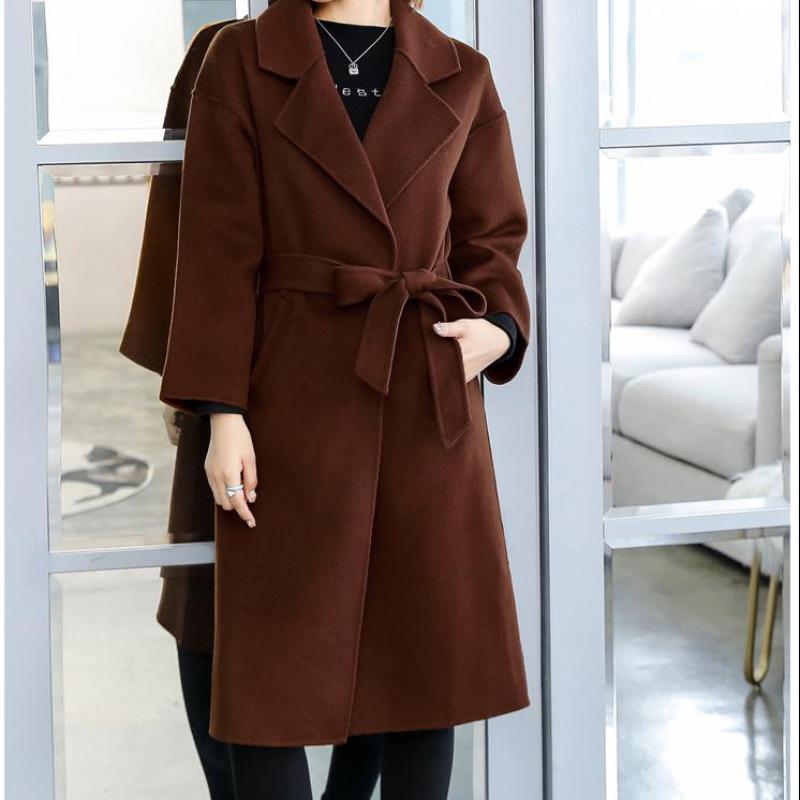 

New women long coats 2019 autumn winter slim long sleeved belt Korean windbreaker ladies brown plus size clothing trench coat, Navy blue