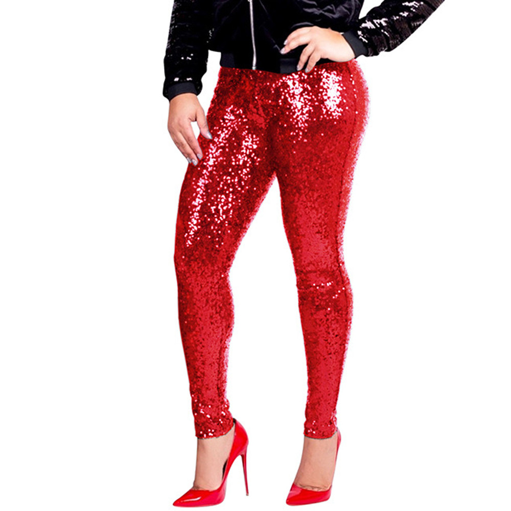 Womens Shiny Disco Pants Clubwear Trousers Legings High Waist Elastic Skinny Leg