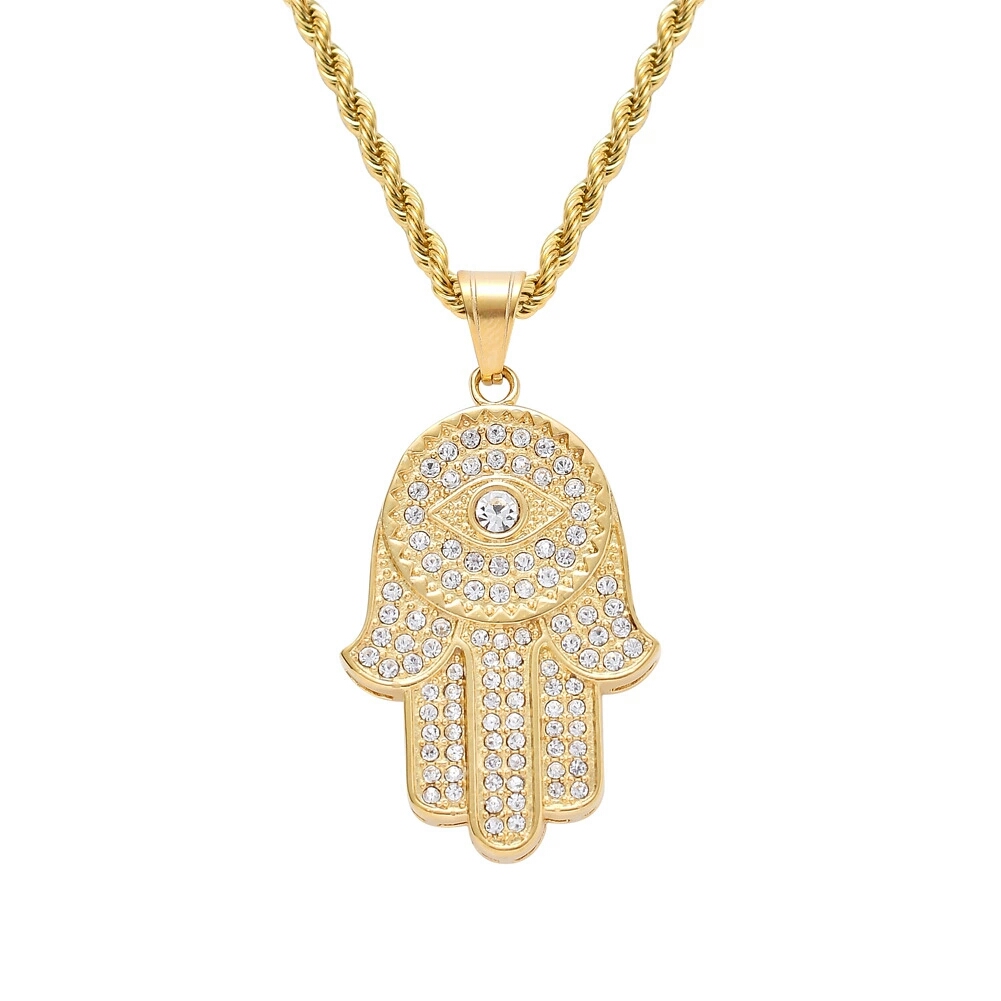 

hip hop Hand of Fatima diamonds pendant necklaces for men gold silver luxury crystal Stainless steel chains Religious Amulet necklace gift