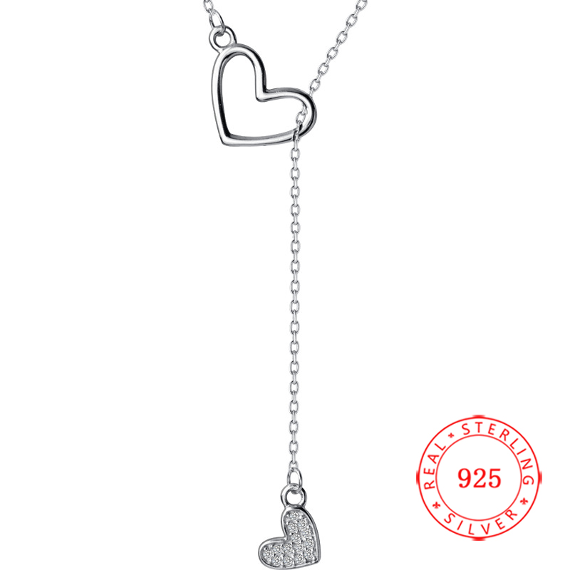 

Trendy Charm Lady Dress Necklace Jewelry two Love Heart Pendant 925 Sterling Silver Chain Necklace For Women Valentine's Day Gift
