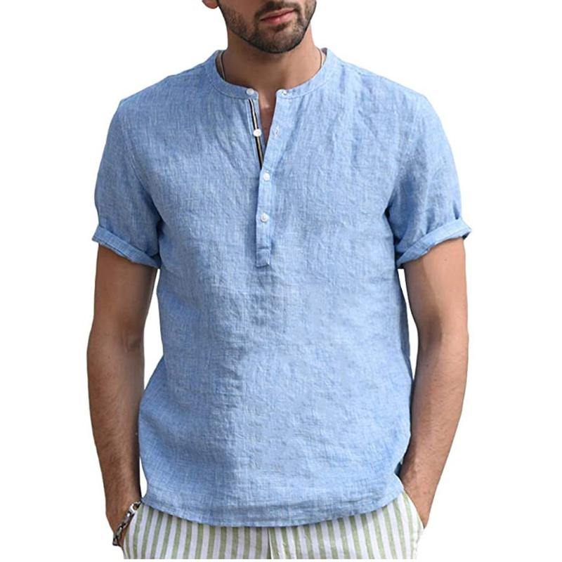 

Men Shirts Cotton Linen Summer Blouse Home Pure Color Button Solid Short Sleeve Retro Tops Beachwear Cool Shirts For Men Camisas, White