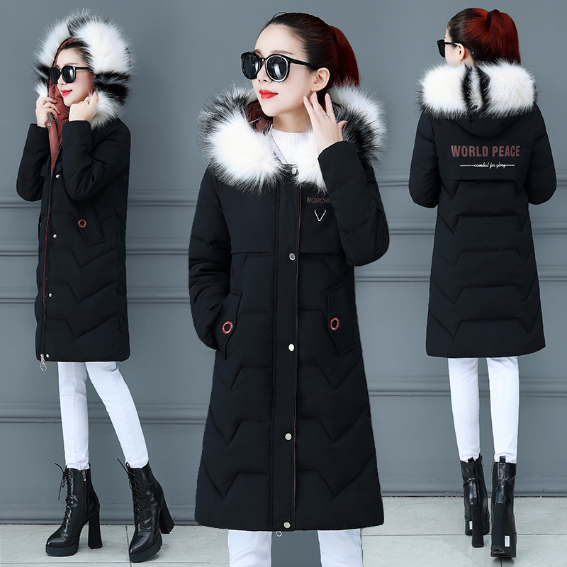 

Cotton women's long section new slim thickening down cotton coat large fur collar student jacket size S-3XL, Blue