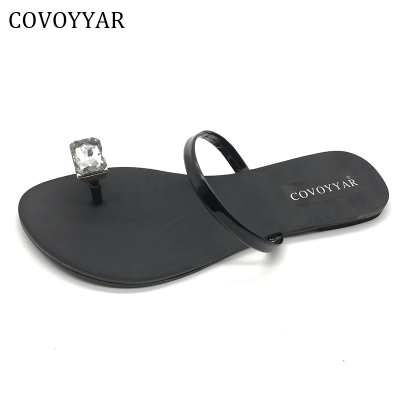 

COVOYYAR Rhinestone Toe Ring Summer Flat Sandals Women 2019 Hot Fashion Open Toe Flip Flops Slides Slip On Beach Shoes WSS50, Black