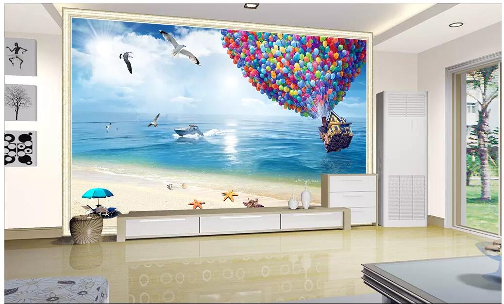 

WDBHG custom photo mural 3d wallpaper Blue sky white clouds balloon sea beach scenery room home decor 3d wall murals wallpaper for walls 3 d, Non-woven wallpaper
