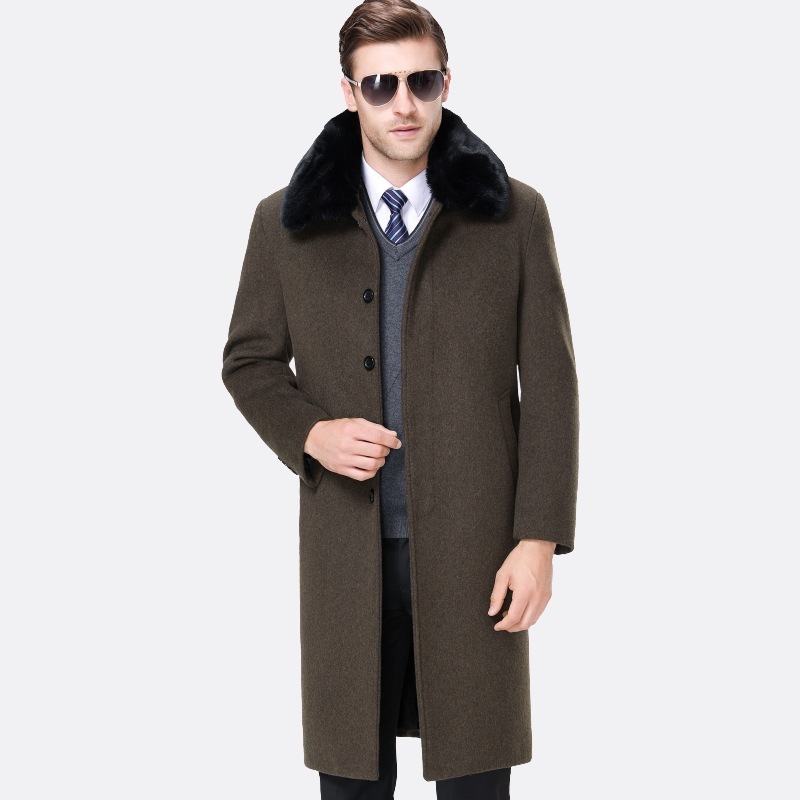 

New Arrival Winter Men Thickened Long Fur Turn-down Collar Overcoat Covered Button Casual Mens Wool Coat Plus Size -4XL, Thick gray