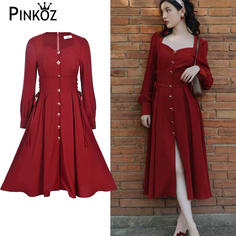 

Pinkoz Elegant Vintage Victorian Square Neck Spring Long Dress Party Dresses with Lace Up Button A Line Dress Retro Robe Mujer, Red