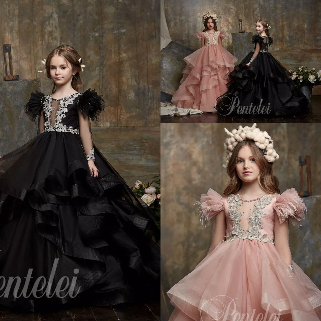 

Customized Ball Gown Flower Girls Dresses Applique Crystal Feather Tiered Jewel Neck Girls Pageant Dresses Sweep Train Girls Party Gowns, Red