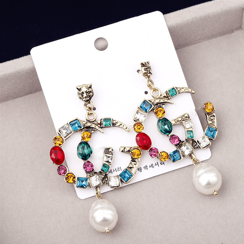 New Pearl Earrings colorful rhinestone 925 silver pin earrings FF G letter feather swan mix fashion wholesales Jewelry DHL free
