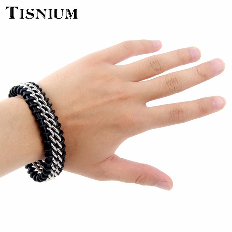 

Link, Chain Men Jewelry Punk Black Silver Braided Leather Bracelet For Stainless Steel Clasp Fashion Bangles Gifts Charm Accessories