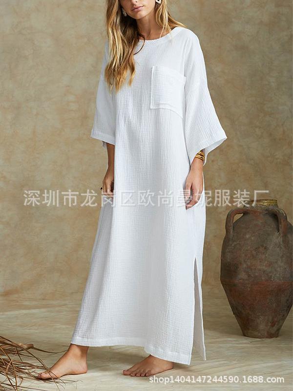 

New Style Autumn New Style Long Sleeve V-neck Simple Chiffon Long Dress -40, Gray