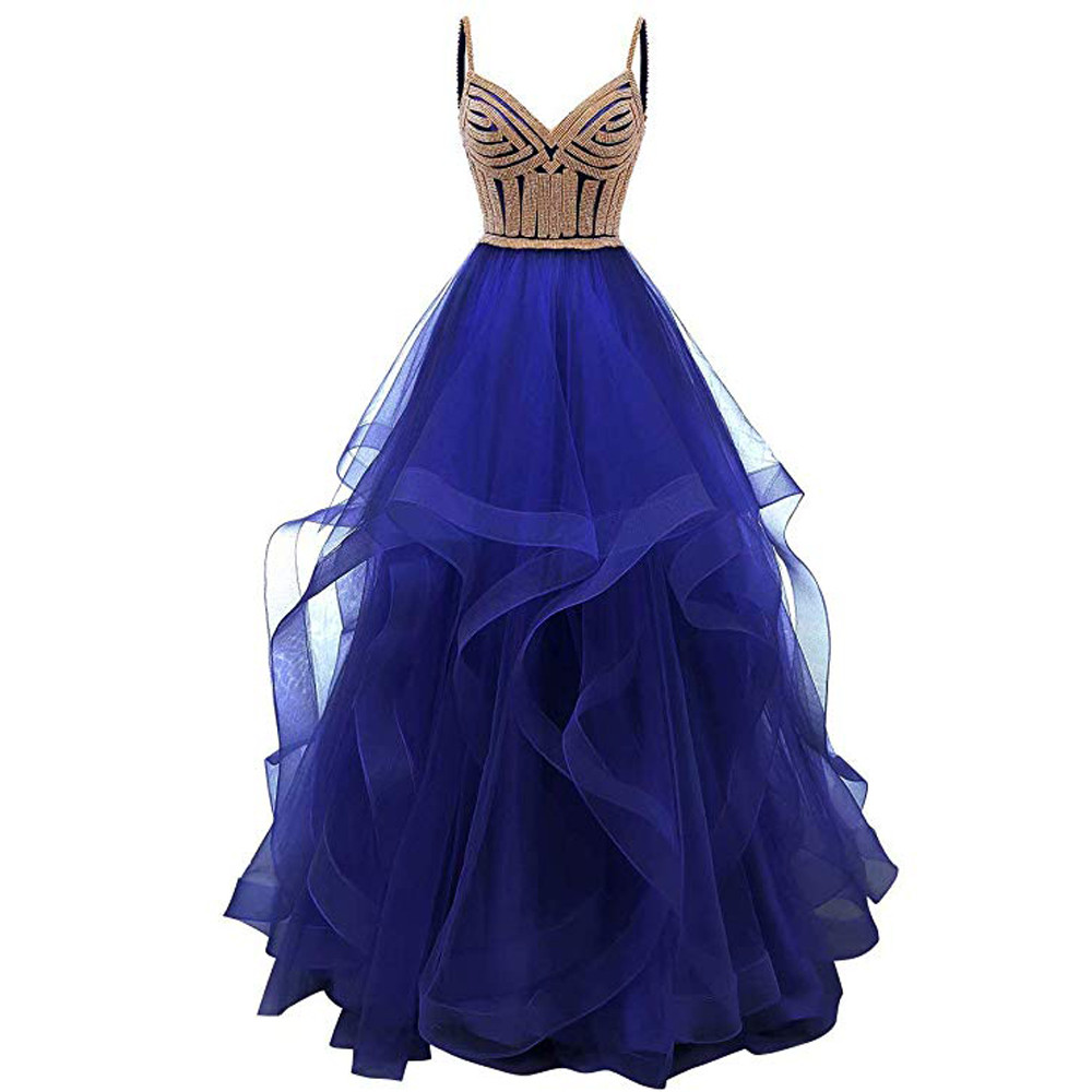 

Champagne Gold Tiered Tulle Evening Dresses Ball Gowns Long Crystals Lace Up Long Formal Prom pageant Dres, Orange