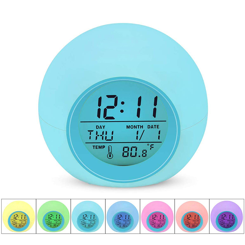

LED Alarm Clock Light Student Digital Clock Thermometer 7 Colors Changing Light Night Glowing Bedside Clocks for Kids Bedroom Table Desktop