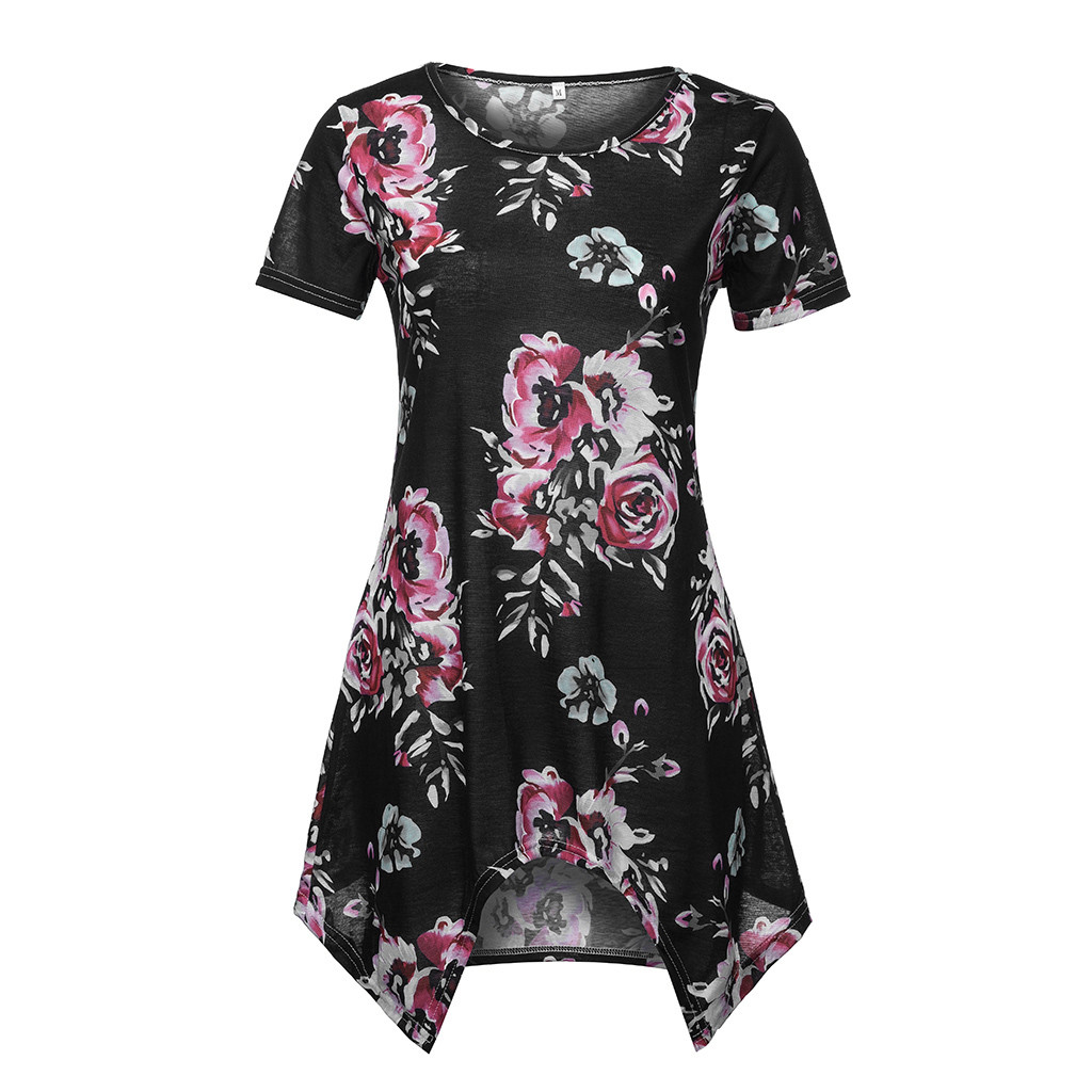 Sommer Damen Geblümt Floral Blumendruck Kurzarm T-Shirt Langes Hemd Kleid S-5XL