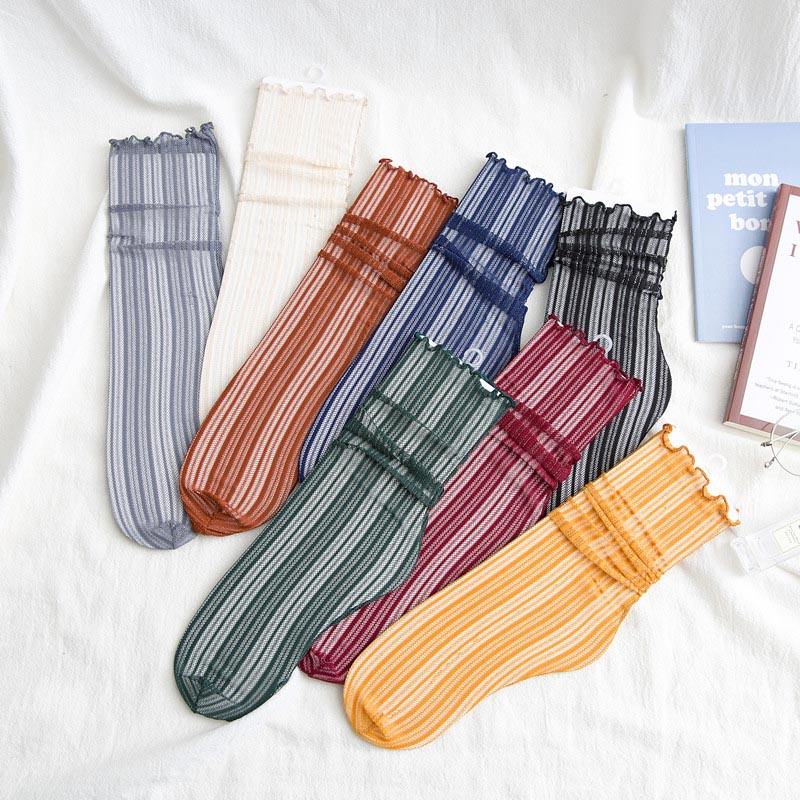 

Spring and summer new female socks Japanese lace silver silk female socks hollow and elastic mesh gauze thin, Black