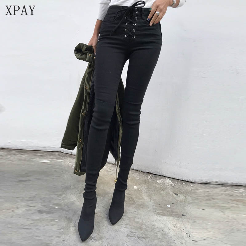 

2020 Summer Skinny High Waist Jeans Push Up Pants Slim Jeans For Women Stretch Waist Drawstring Korean Women Denim Pencil Pants, Black