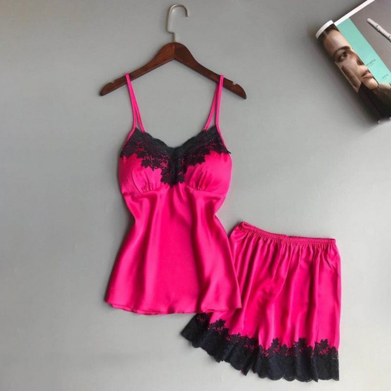 

Womens Faux Silk Embroidery Lace Side Pajamas Set Padded Cami Top Shorts Solid
