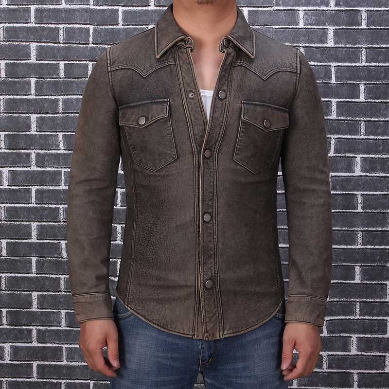 

2020 Vintage Brown Men Slim Fit American Casual Style Leather Shirt Large Size XXXL Genuine Thin Sheepskin Aturmn Men Shirt Coat, Color 1