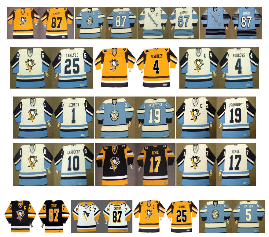 

Vintage Pittsburgh Penguins Jerseys 17 RICK KEHOE 1 DENIS HERRON 19 JEAN PRONOVOST 10 PIERRE LAROUCHE 25 CARLYLE 4 Burrows CCM Custom Hockey, As pic