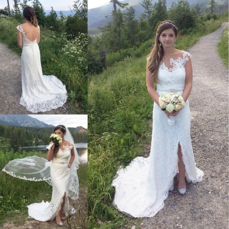 Setwell Jewel A-ligne robes de mariée en dentelle sans manches avant de Split Longueur Appliques Robes de mariée étage avec ceinture