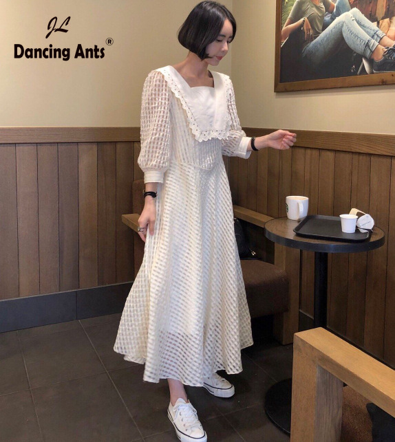 

Women A-line Dress Square Collar Long Sleeve Hollow Out Slim Dress 2020 Summer New Female Elegant Office Ankle Length Dresses, White