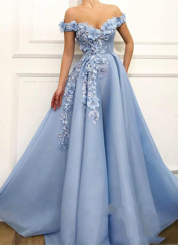 

Charming Light sky Blue Long Prom Dresses With Hand Flower Floor Length A Line Evening Dresses Custom Made 2020, Chocolate