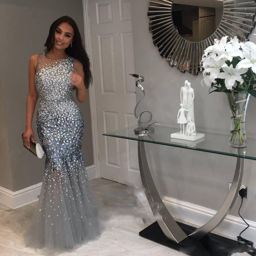 

2020 Stunning Silver Gray Mermaid Prom Dresses Sheer Neck Sleeveless Crystal Beaded Tulle Floor Length Evening Dresses Formal Gowns, Same as picture