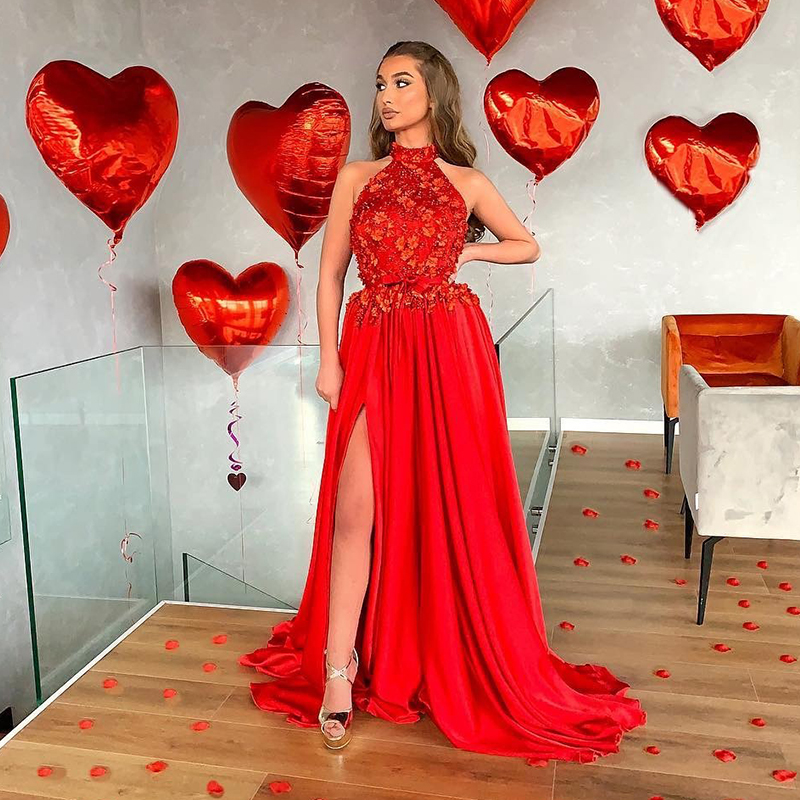 

2020 Gorgeous Red High Neck Delicate 3D Flowers Beading Sleeveless A Line Sweep Train Chiffon Maxi Prom Dresses, Beige