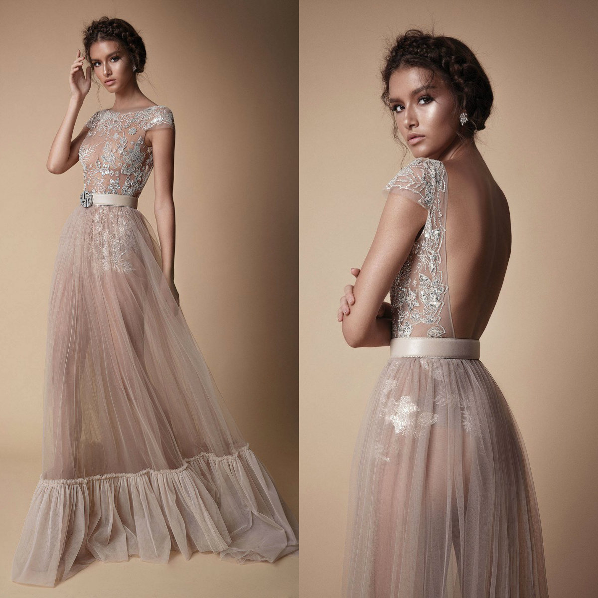

Berta 2020 Evening Dresses Jewel Capped Sleeves Lace Appliques Prom Gowns Open Back Sweep Train A Line Special Occasion Dress, Dark green
