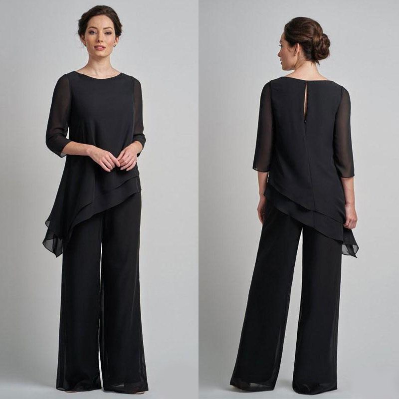 Black Long Sleeve Asymmetrical Mother Of The Bride Pant Suits Jewel Neck Wedding Guest Dress Plus Size Chiffon Mothers Groom Dresses-image-452562033